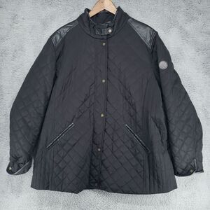 Ralph Lauren Womens Black Quilted Faux Leather Accent Puffer Jacket Coat Size 1X